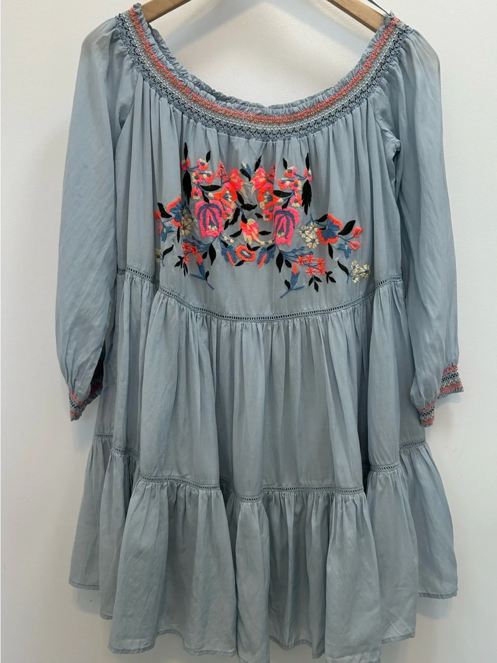 Free people sunbeam dress with off the shoulder smocked neckline & embroidered S